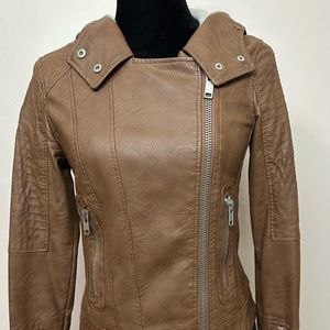 Brown Faux Leather Biker Jacket With Hood Size XS